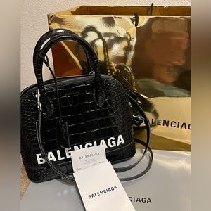 NEW Balenciaga Calfskin Crocodile Embossed S Ville Top Handle Bag Black